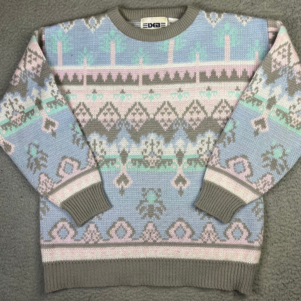 Blue Pastel Fair Isle Geometric Vintage Knit Crewneck Sweater Women L Acrylic